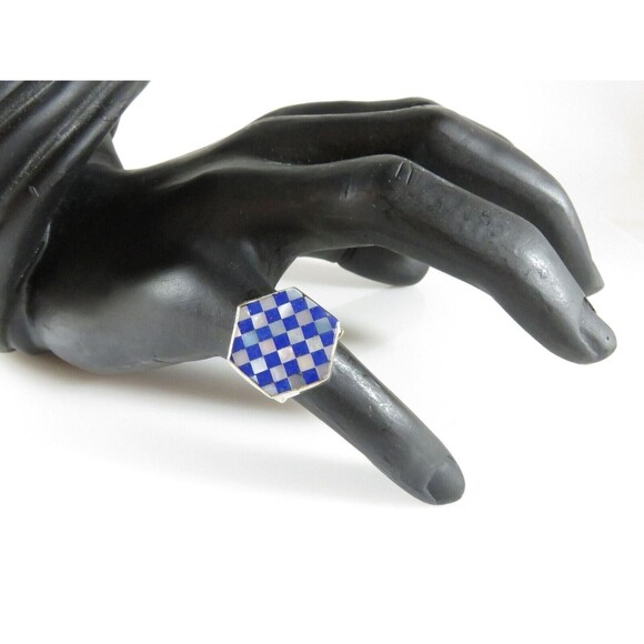 Hexagon Mother of Pearl Lapis Lazuli Inlaid Sterling Statement Ring Size 6.25 - Picture 1 of 10